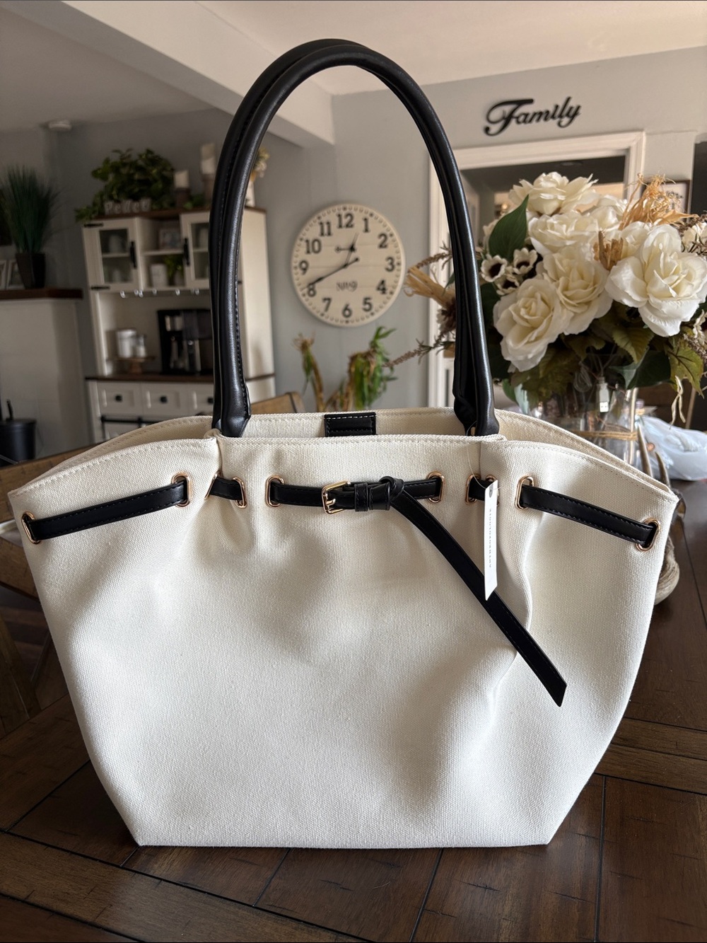 Anthropologie Ivory Tote with Black Trim and Handles